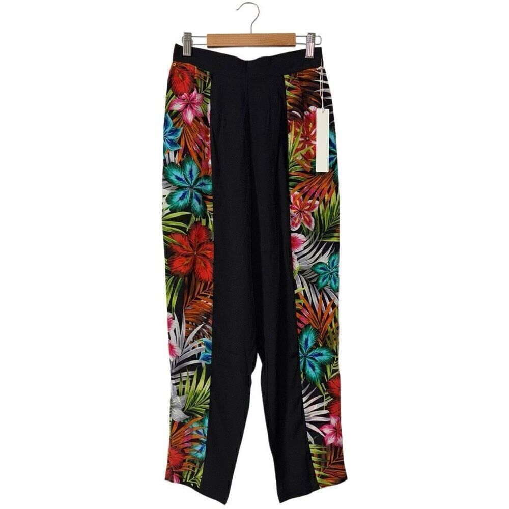 Line & dot Pant black Rainbow Tropical 100% silk elastic waist pockets size XS n